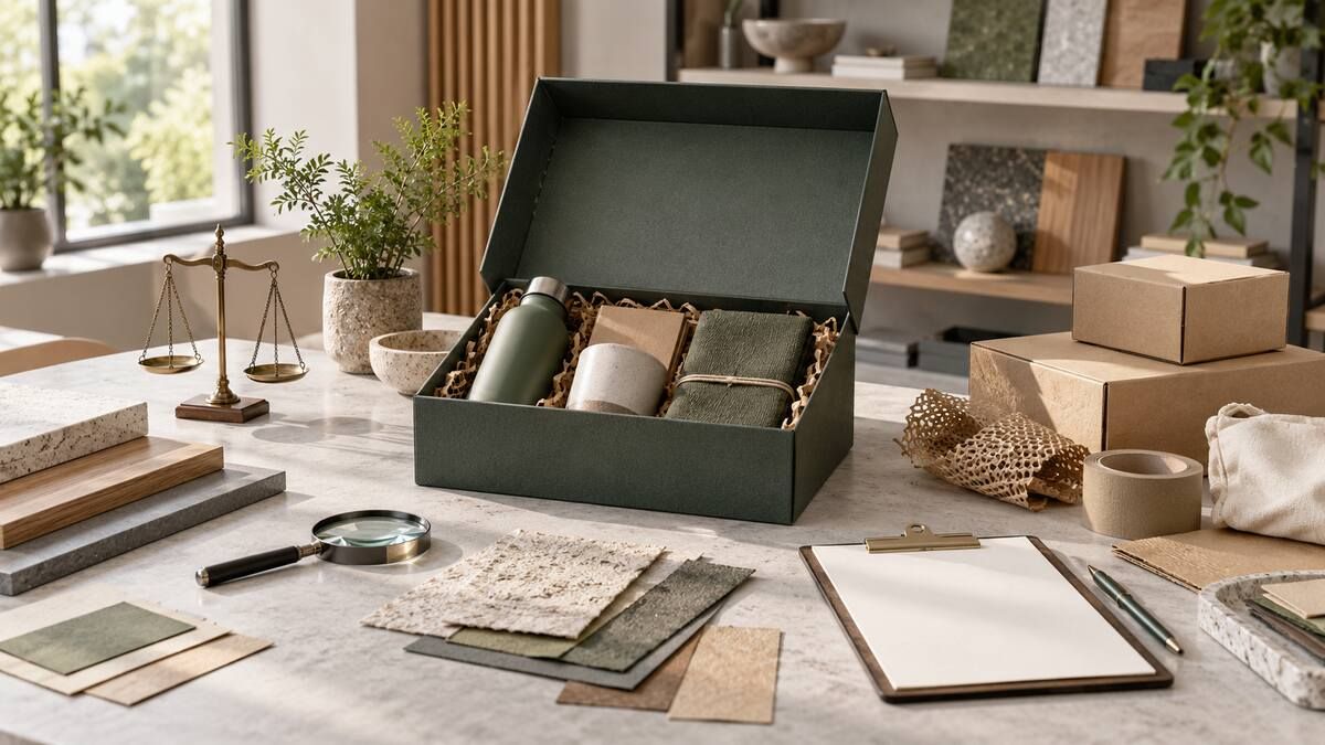 Corporate gift box beside packaging samples, a balance scale, and a magnifying glass used to review environmental evidence