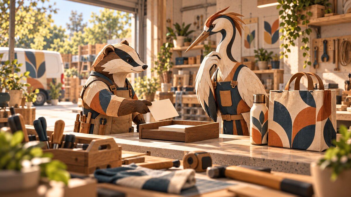 Carved wooden badger and crane reviewing a blank service card beside recognition merchandise in a sunlit workshop
