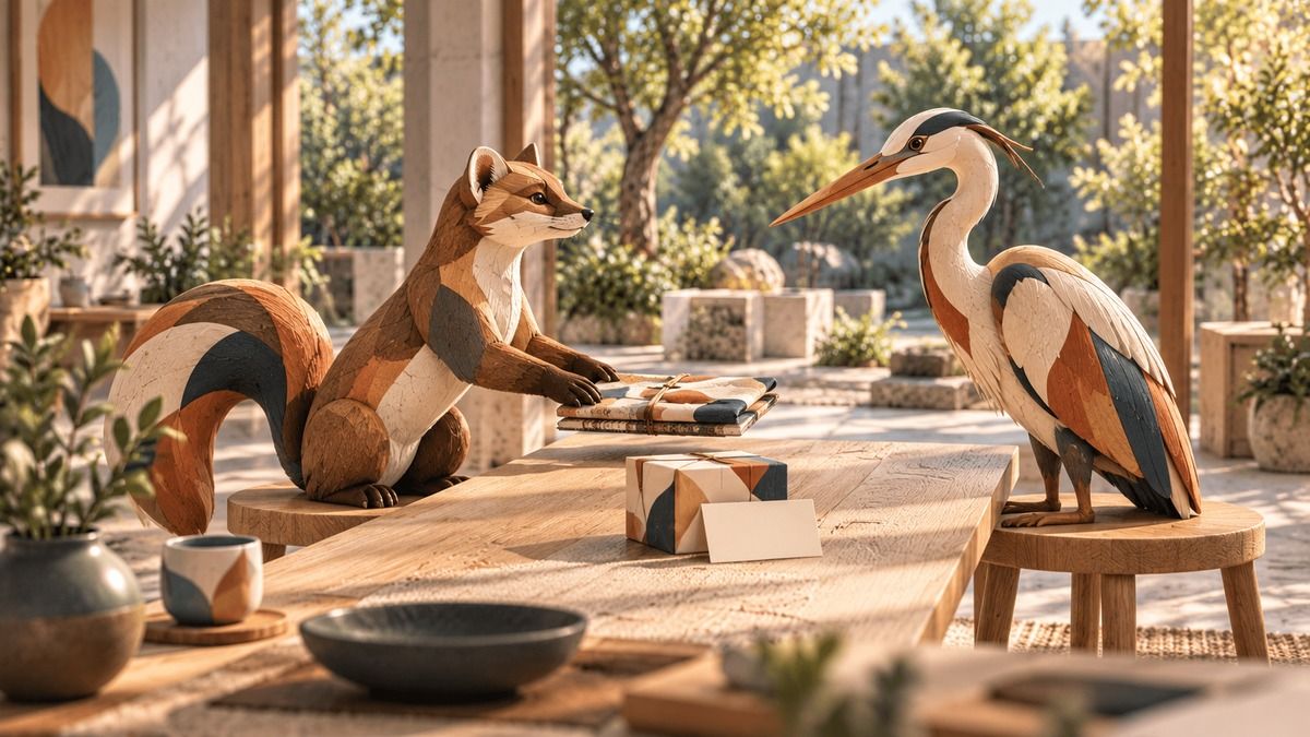 A carved wooden woodland animal offers patterned stationery across a shared table to a wooden heron on equal stools in a sunlit collaboration room.