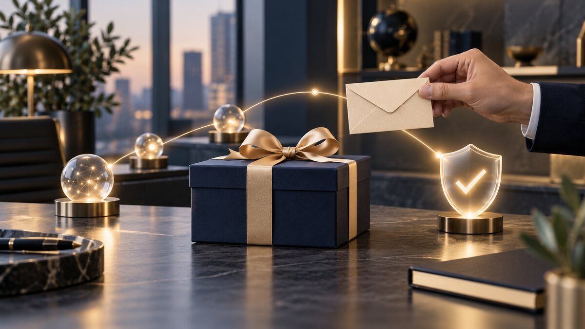 A secure gift invitation envelope travelling through verified delivery paths toward a premium unbranded gift box