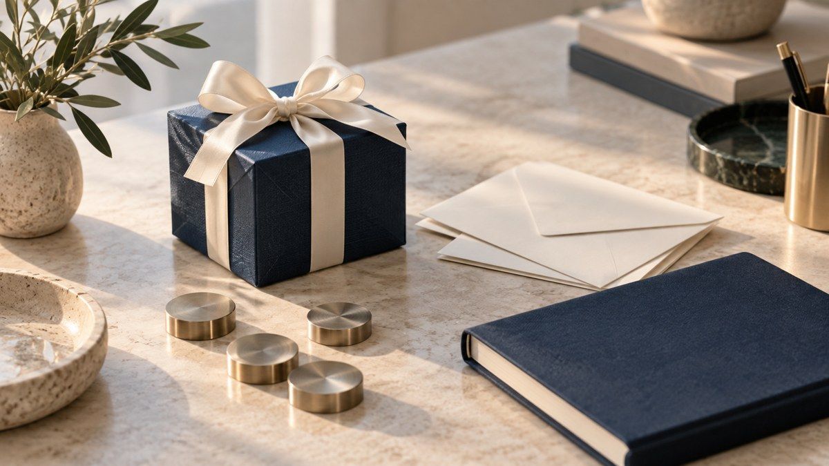 A navy gift box, blank envelopes, a closed notebook, and metal discs on a sunlit stone desk.