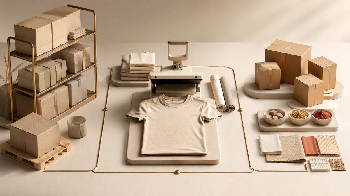 A premium still life comparing stocked 3PL inventory, on-demand apparel production, and distributed regional sourcing connected by champagne-gold routing lines