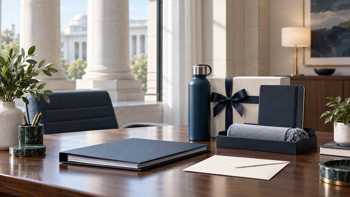 A public-sector procurement workspace with unbranded gift samples, a presentation box, a notebook, a reusable bottle, and a sealed envelope.