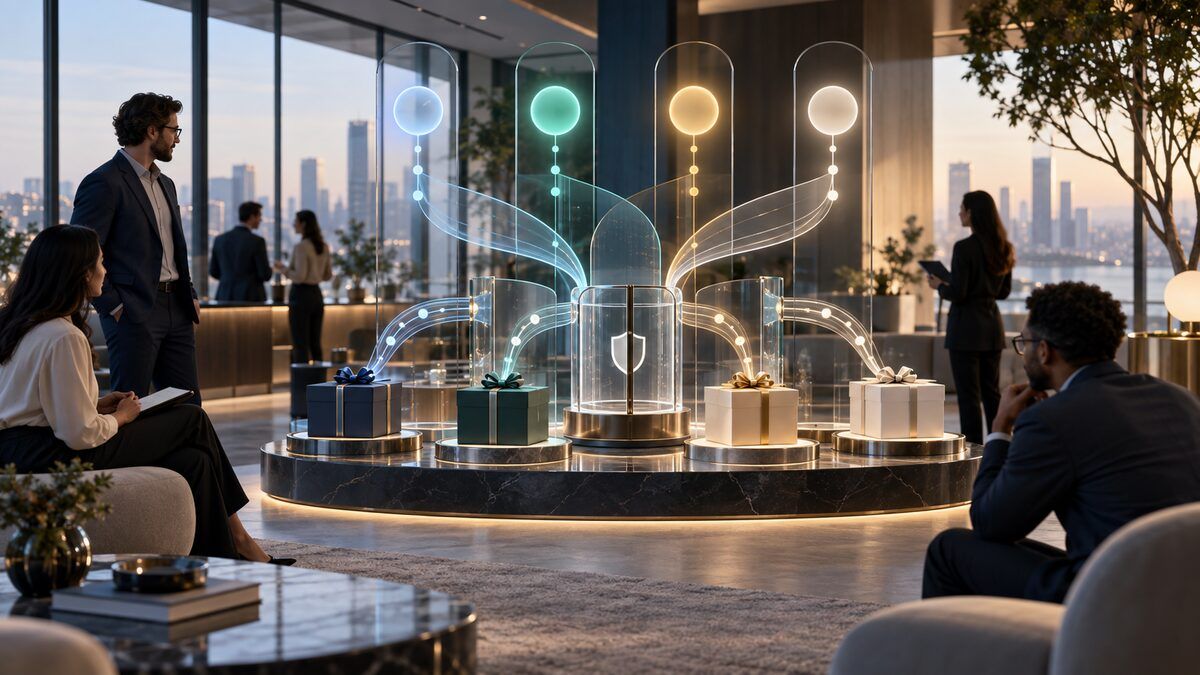 Enterprise operations leaders review a secure data synchronization flow connecting employee lifecycle records to corporate gift fulfillment.