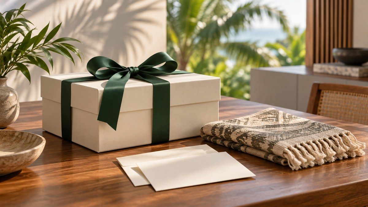 Cream gift box with green ribbon beside folded textile and blank cards on a teak desk.