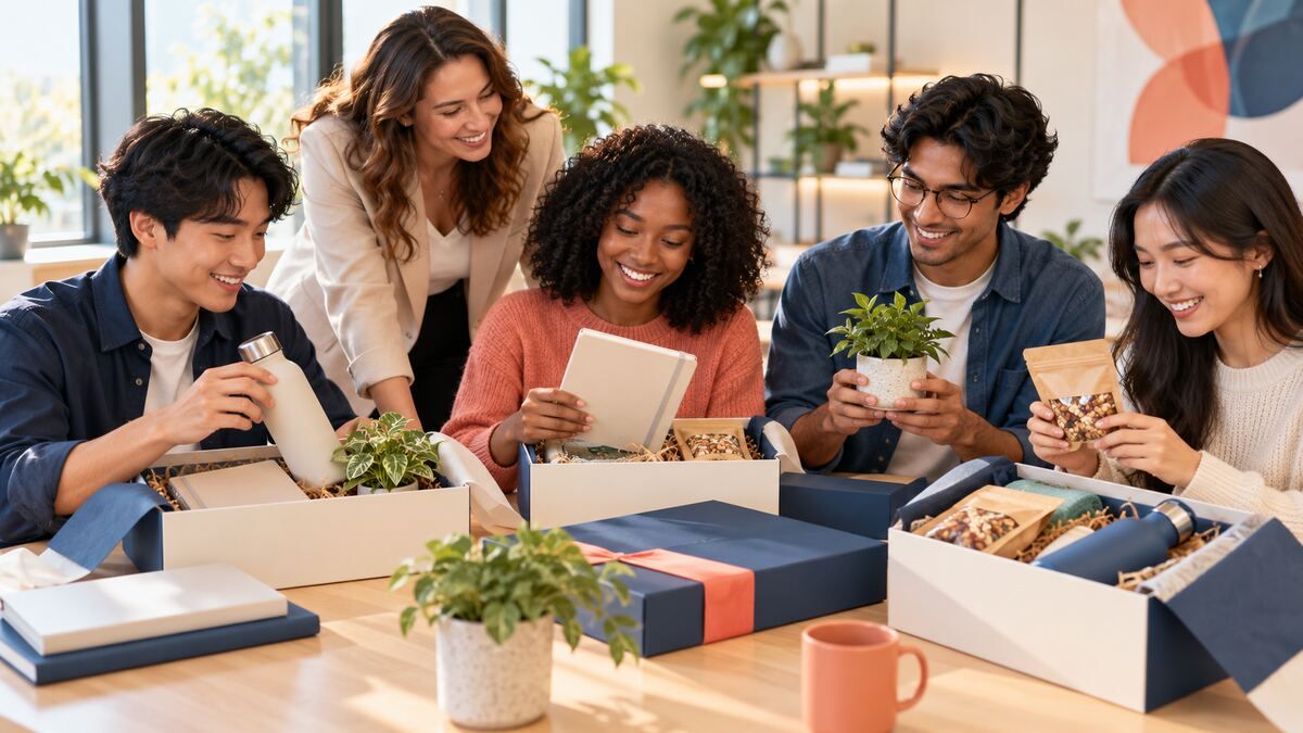 A diverse group of interns and a mentor opening unbranded welcome gifts in a bright modern workspace.