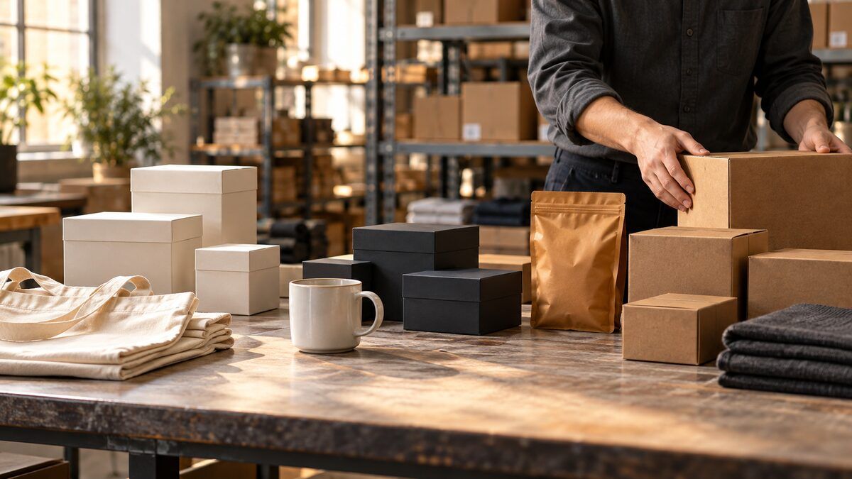 Unbranded gifts and packaging being inspected at a warehouse worktable
