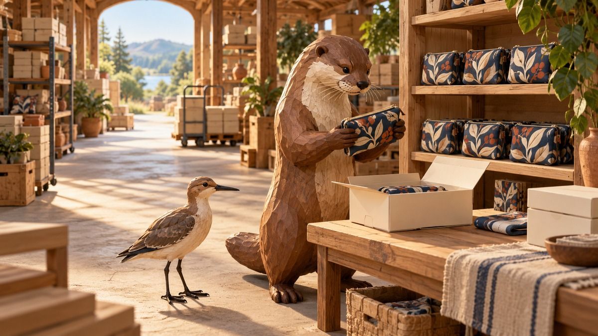 A carved wooden otter checks a patterned pouch beside a sandpiper and an open carton in a sunlit timber warehouse atelier.