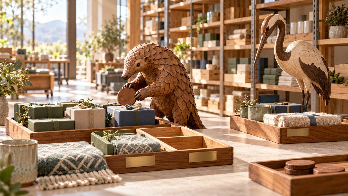 Carved pangolin and crane verify reserved, quarantined and released corporate gift inventory in a sunlit warehouse atelier.