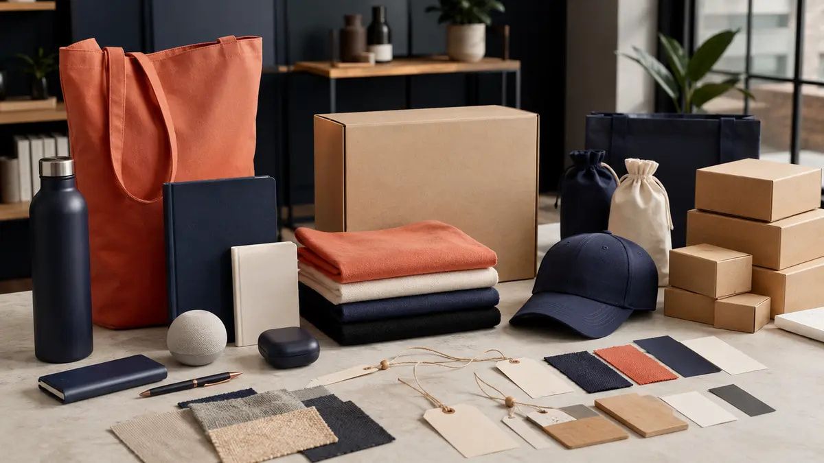 企業のサプライヤー評価用に並べた、無地の販促品、梱包箱、素材見本。