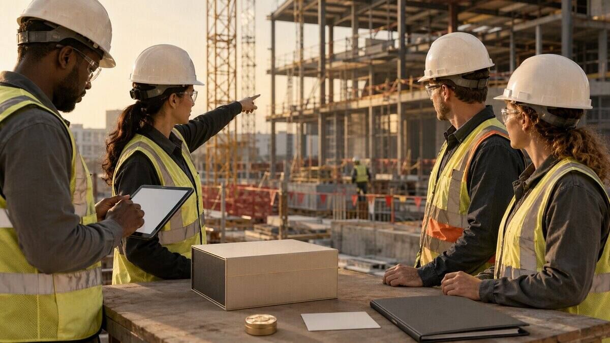 管理された建設現場で、作業者が危険報告を確認し、無地の表彰ギフトが作業台に置かれている様子。