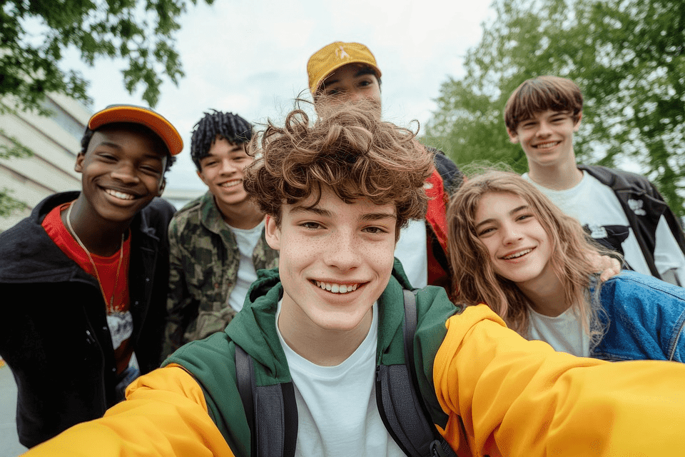 kids smiling and taking selfie together