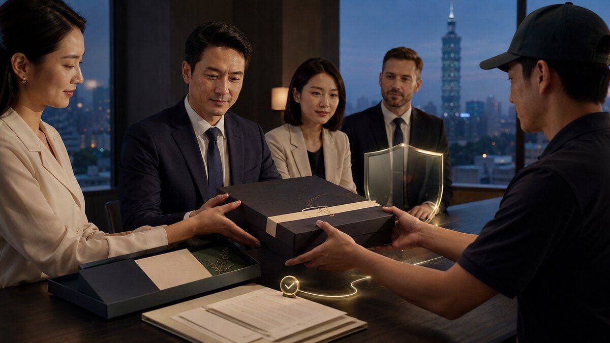 대만 기업 운영팀이 개인정보, 세무, 통관, 배송 통제를 확인하며 승인된 선물을 인계하는 모습