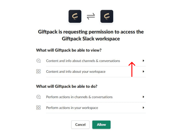 last step for both method allow giftpack to access workplace on Slack