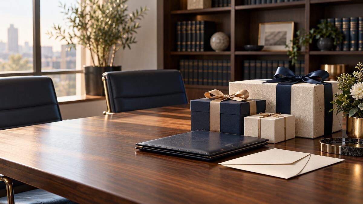Unbranded gift boxes on a law firm conference table beside a closed confidential folio