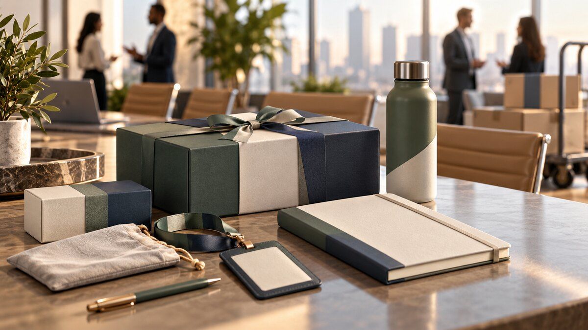 An unbranded employee welcome kit arranged as two color systems converge into one transition palette.