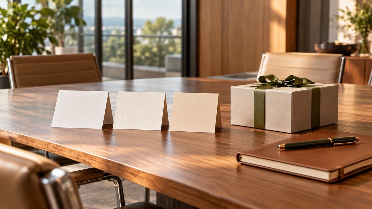 Three blank appointment cards and a closed gift box on a sunlit meeting table illustrate that meeting booking and gifting are separate decisions.