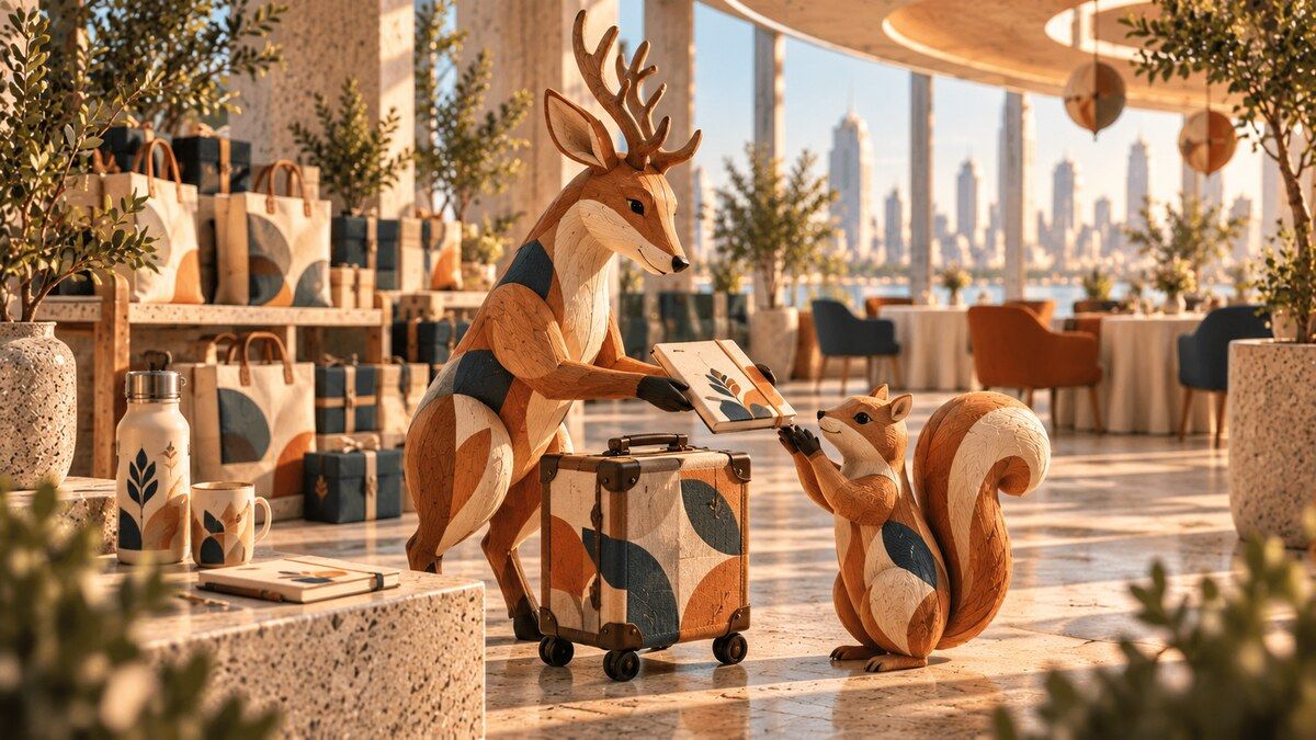Carved wooden deer and squirrel exchange a patterned notebook beside luggage and gift stock in a sunlit conference foyer.