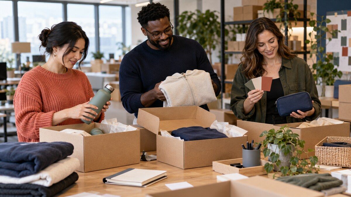 People operations team planning new hire welcome kits for distributed employees