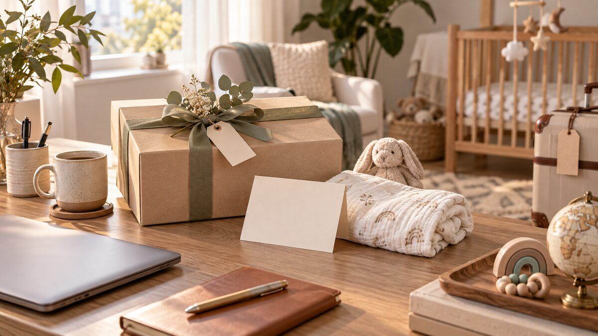 A carefully prepared new-parent gift beside a private workspace and nursery setting, illustrating choice, discretion, and global delivery.