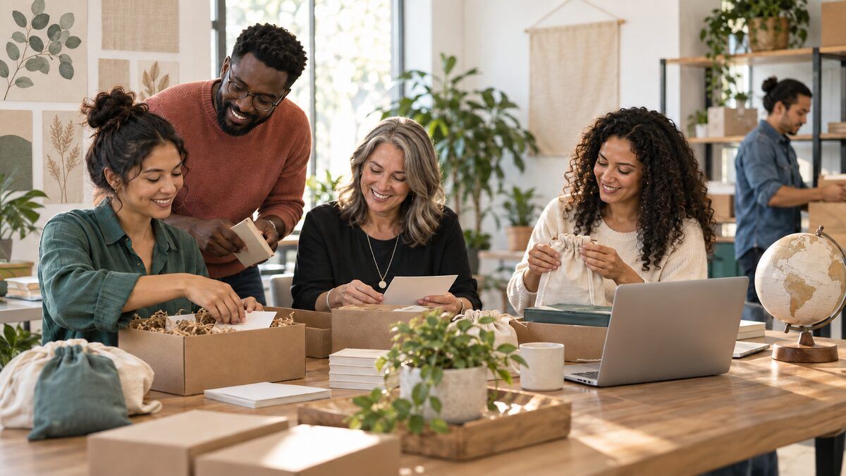 Nonprofit and association team members assembling appreciation gifts in a bright community workspace