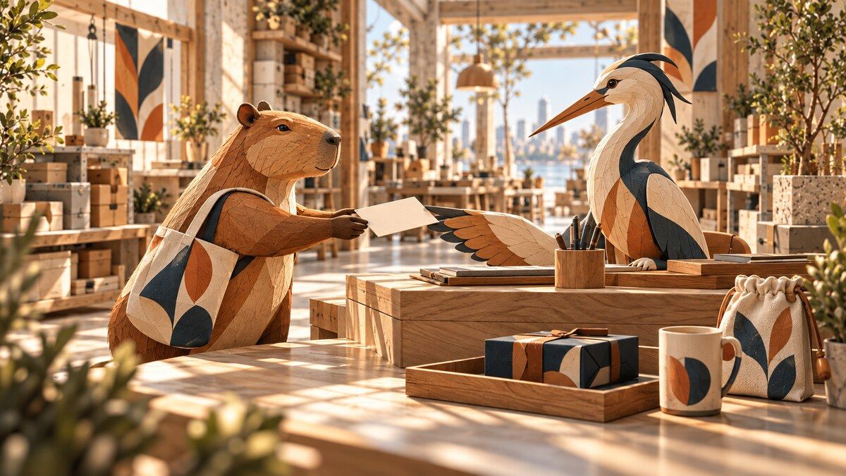 Carved wooden capybara and heron review a blank request card while patterned gifts wait in a separate tray