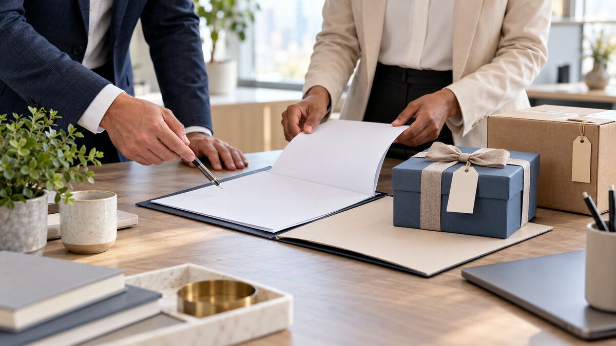 Procurement and finance professionals review a blank purchase-order folder beside an unbranded gift box and shipping carton.