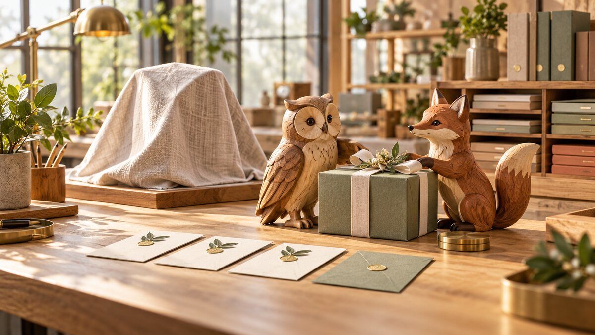 Carved owl and fox beside a wrapped recognition gift, sealed blank cards, and a covered prototype in a sunlit studio