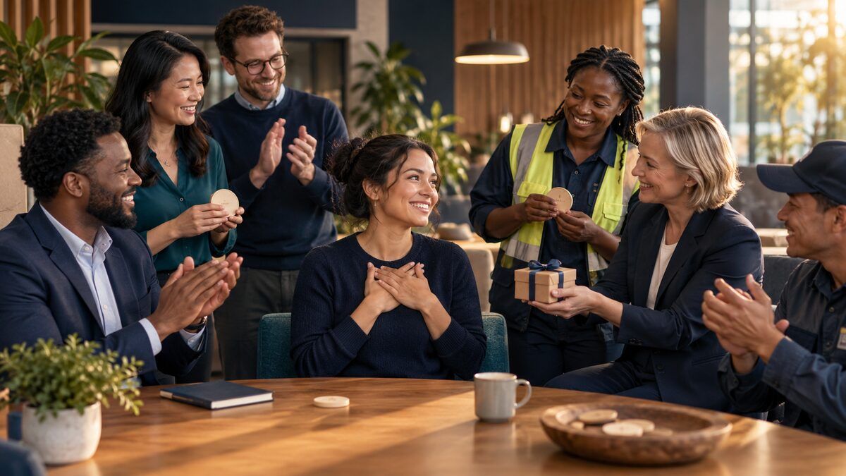Office, remote, and frontline colleagues celebrating one another in a fair peer recognition program