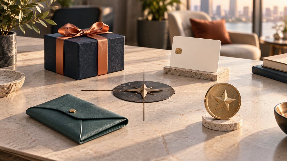 An unbranded gift box, benefits card, allowance wallet, and recognition token arranged around a decision point