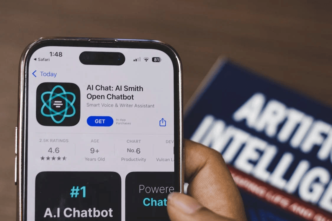 person holding a smart phone checking out an app in the app store