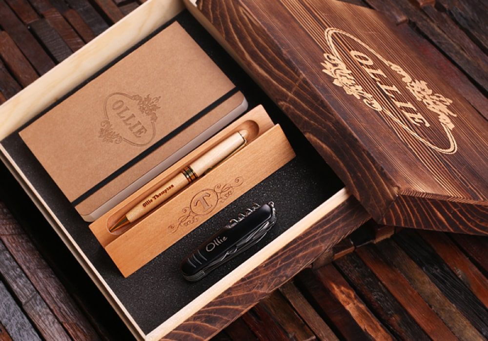 personalized journal and pen set in a wooden box for personalized client gifts collection