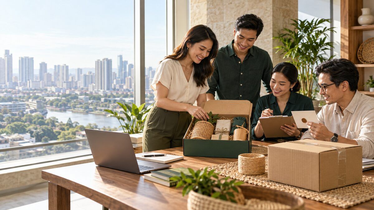 明るいマニラの職場で企業ギフトと配送承認を確認するフィリピンのチーム