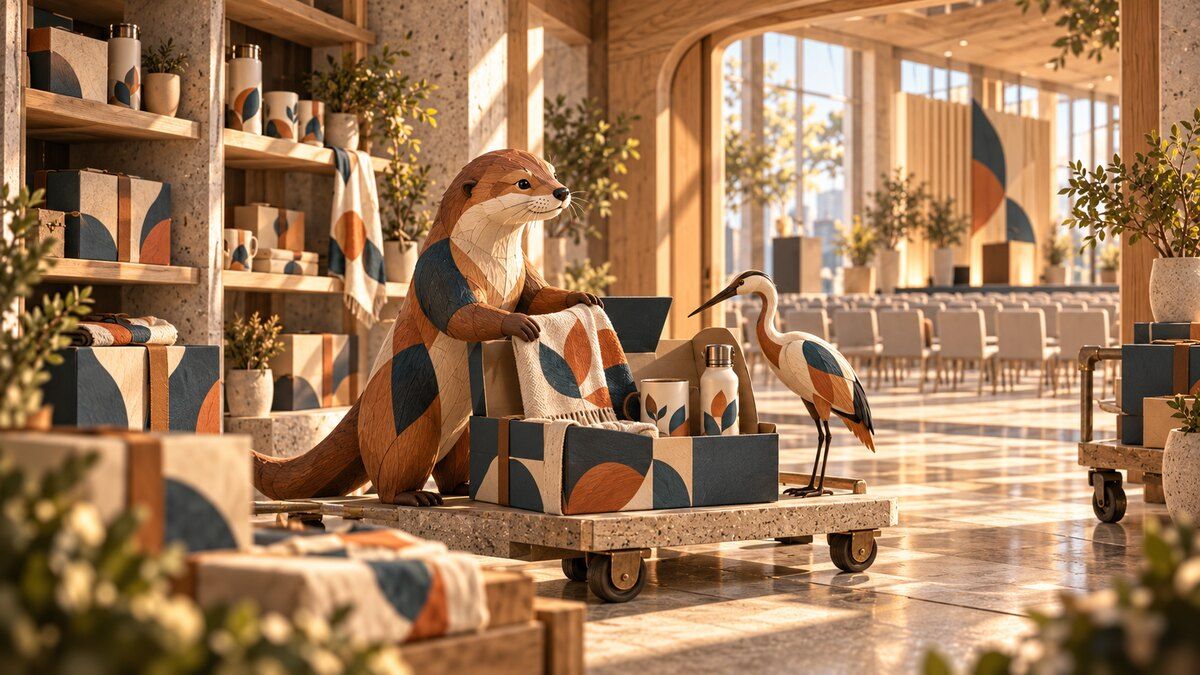 Carved wooden otter and crane protect patterned event gifts beside an empty conference hall.