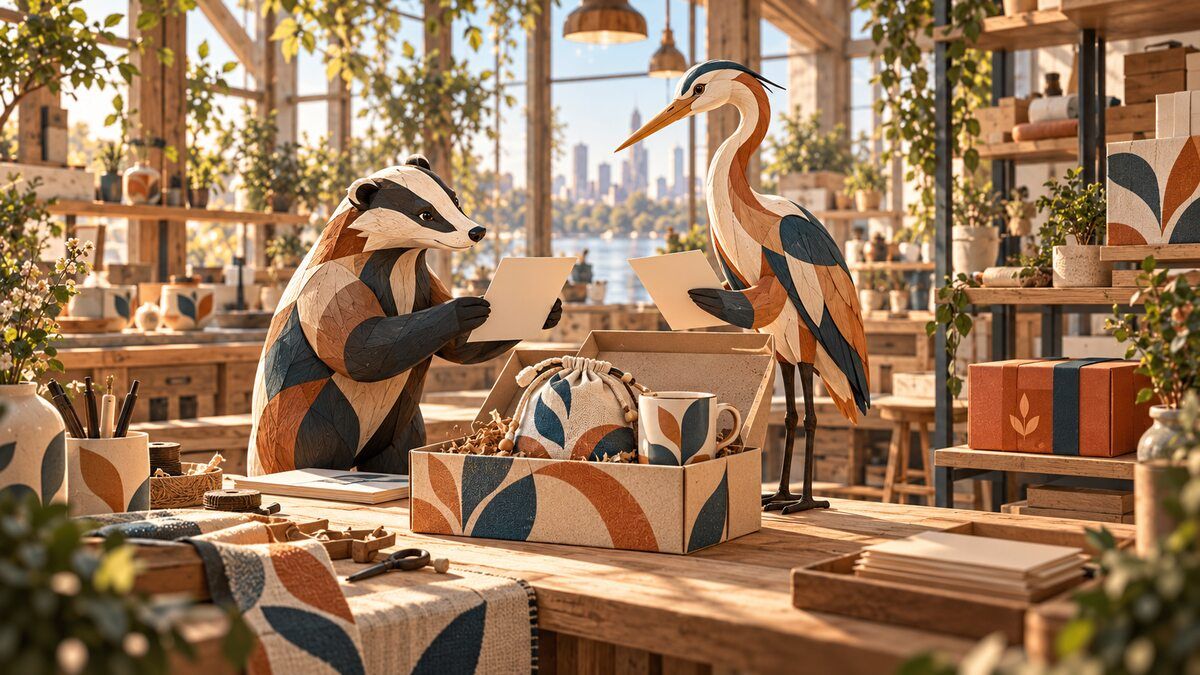 Carved wooden badger and heron compare two invitation cards beside one patterned gift carton and a separate held parcel.