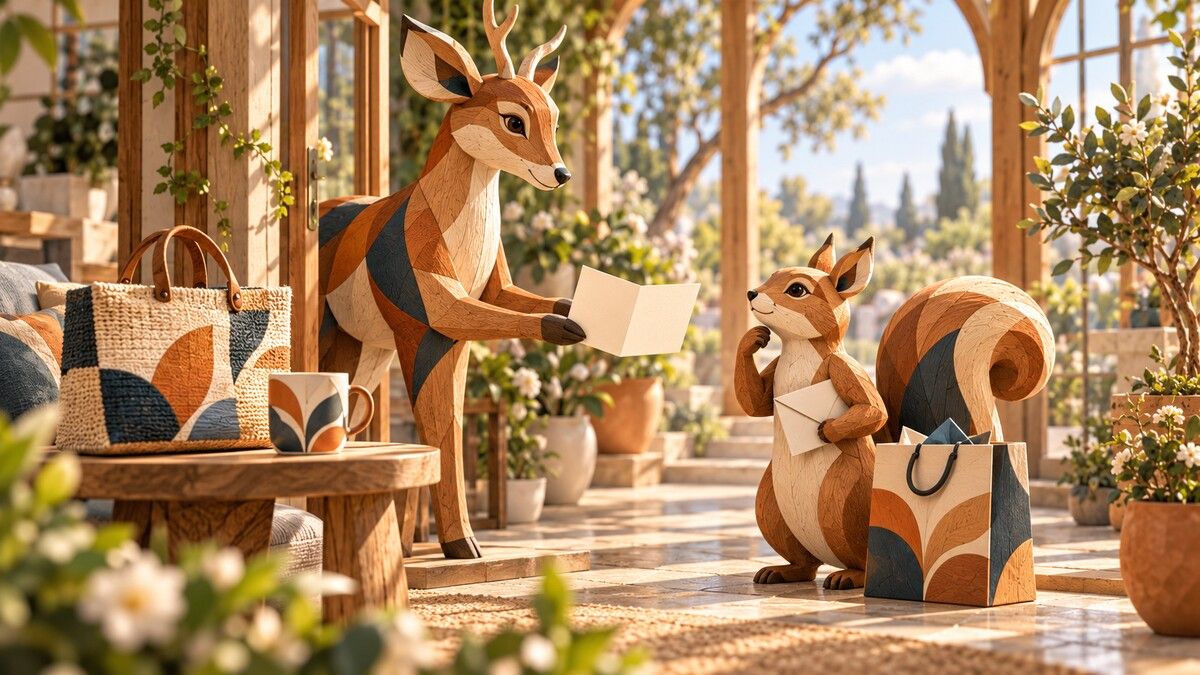 Carved wooden deer offers a blank invitation while a squirrel keeps its envelope beside patterned gifts.