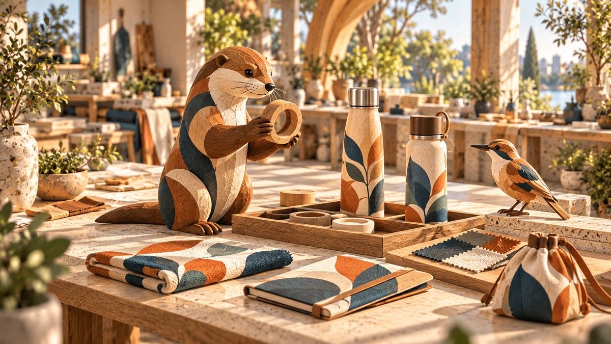 Carved wooden otter examining a sample ring beside patterned bottles, a pouch and a small wooden bird in a sunlit invented atelier.