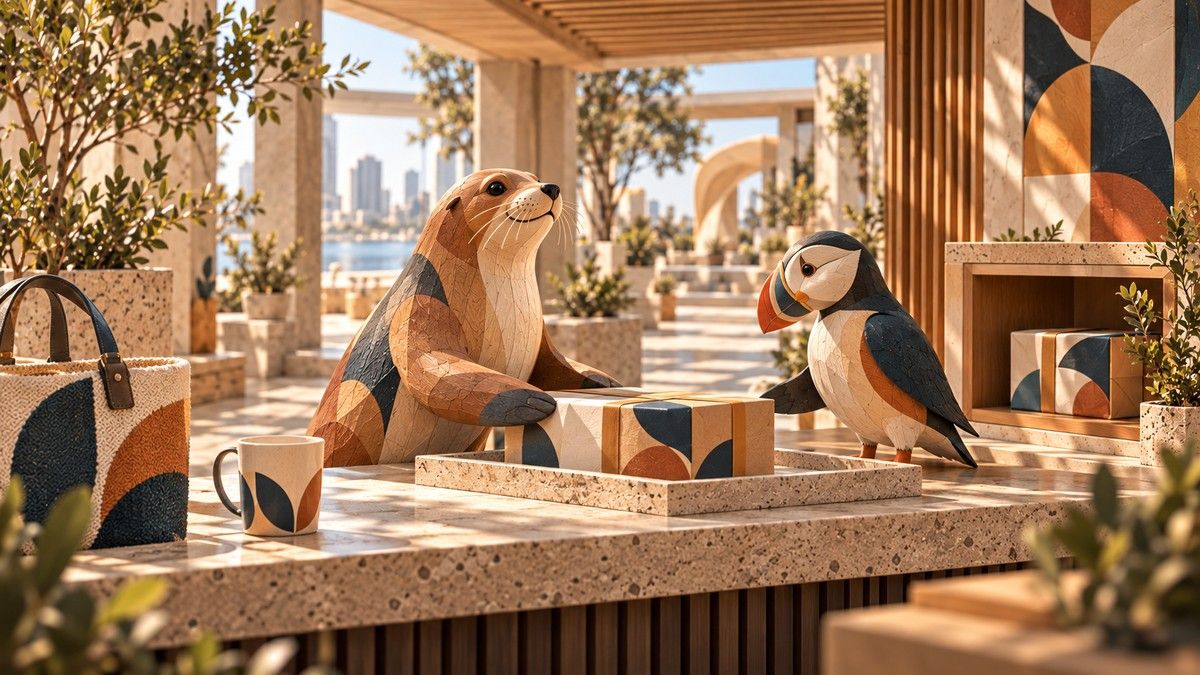 Carved wooden animals examine a patterned gift parcel at a sunlit reception terrace.