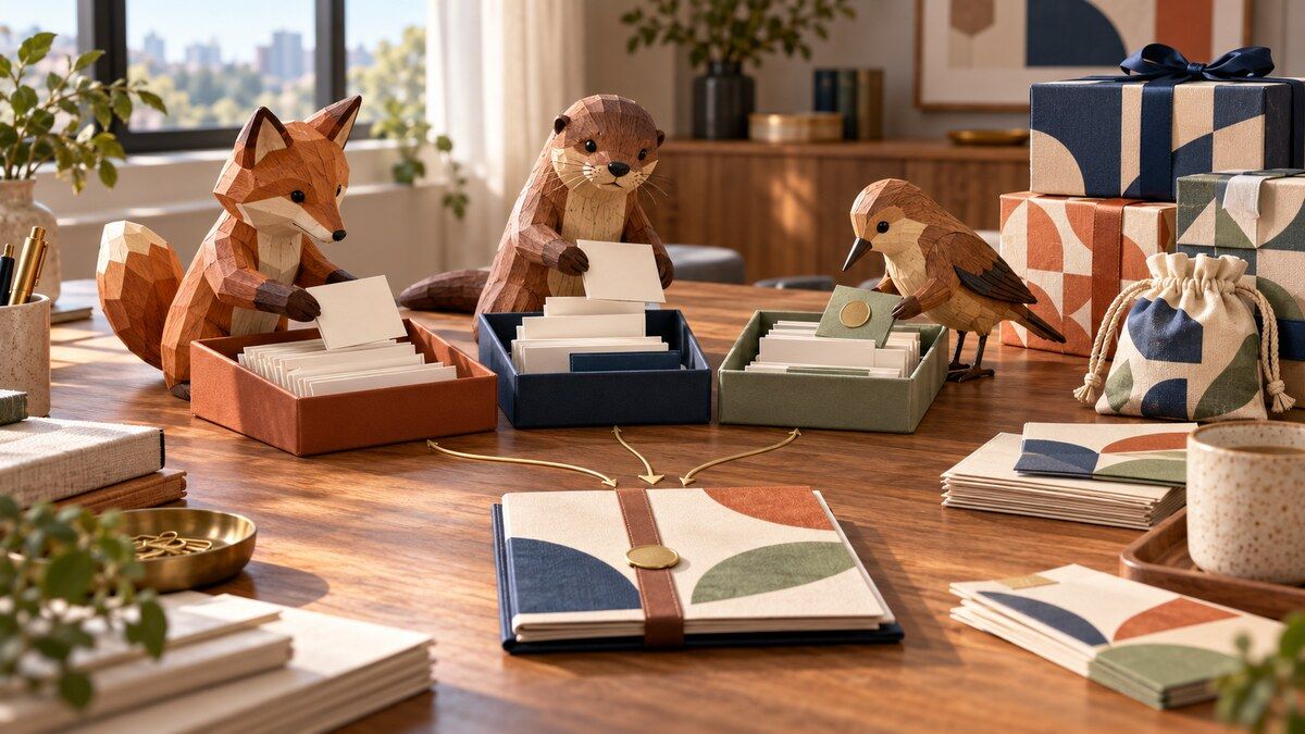 Carved wooden fox, otter, and bird reconcile patterned gift parcels with three evidence trays and one campaign closeout folder.