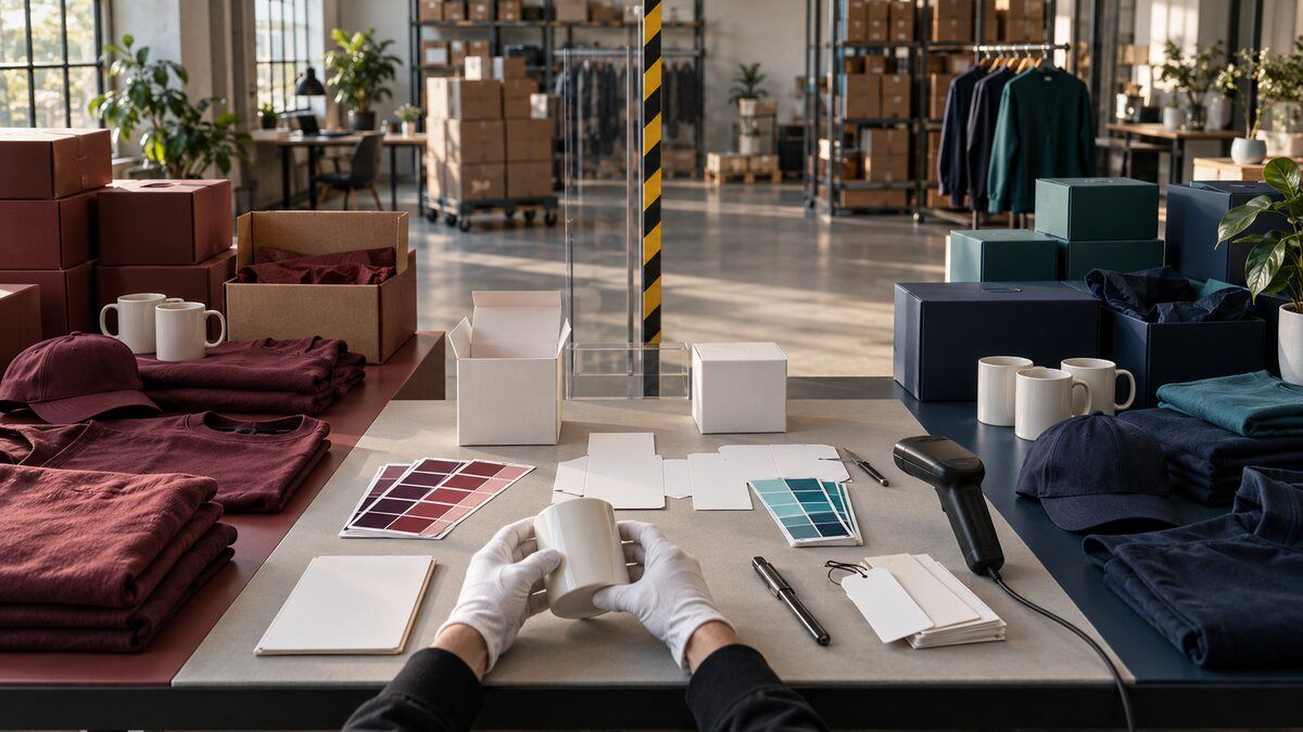 Brand operations team separating legacy and new corporate merchandise during a controlled rebrand cutover