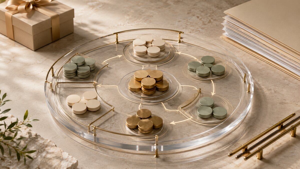 A premium circular rewards ledger with blank tokens, a gift box, and audit folders representing funding, redemption, reconciliation, and control