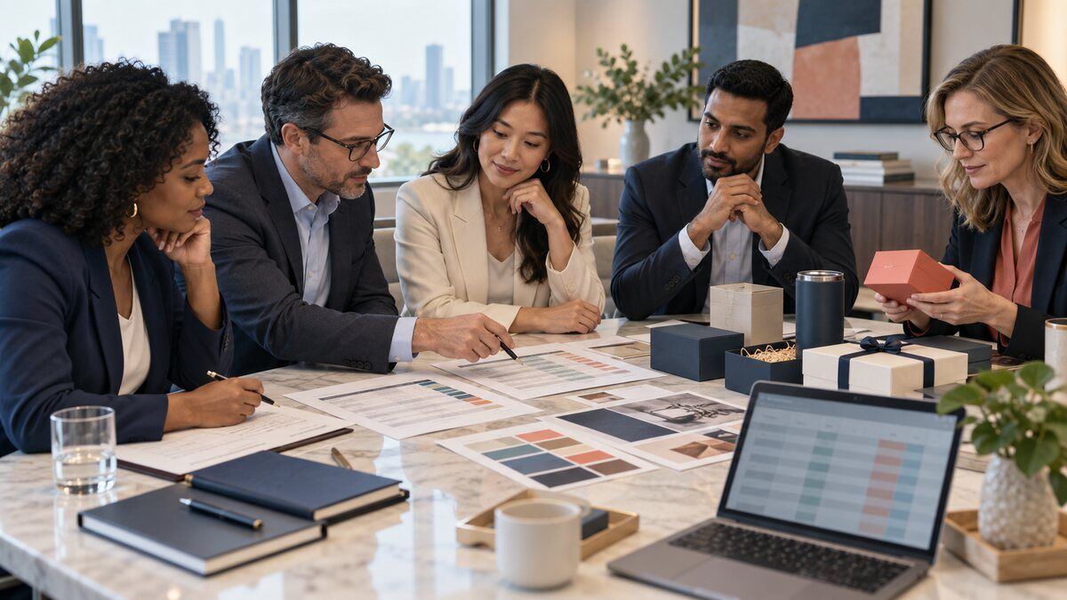 Procurement, security, finance, and people-operations leaders reviewing a corporate gifting RFP scorecard