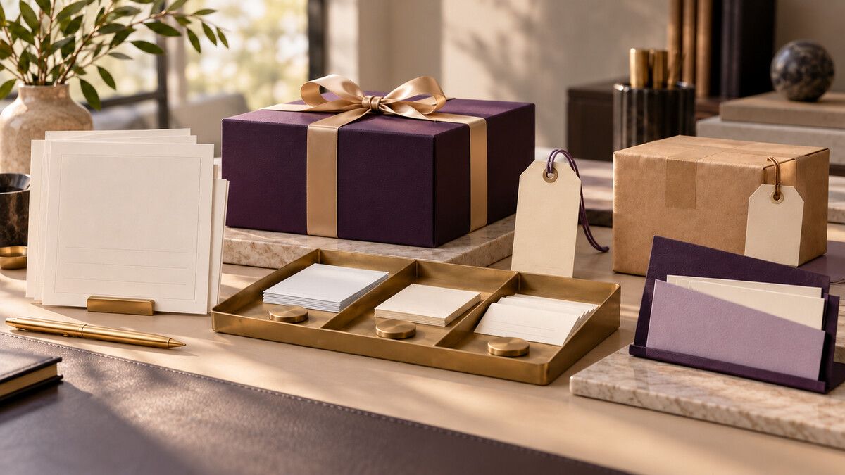 Premium tabletop procurement scene with neutral gift parcels, a blank purchase order, receipt stamp, blank credit note, and reconciliation tokens.