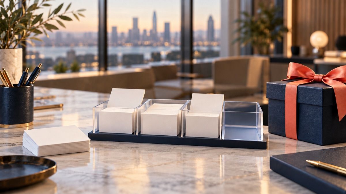 Blank feedback cards sit in a clear organizer beside a gift box; they do not represent actual recipient responses.