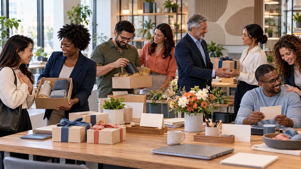 Staffing professionals preparing separate candidate, contractor, client, and recruiter gift moments in a bright operations studio.