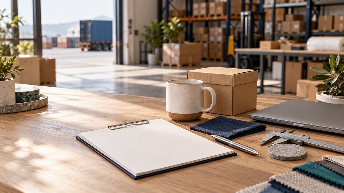 Unbranded sample gift box, mug, and material swatches on an inspection desk in a fulfillment warehouse.