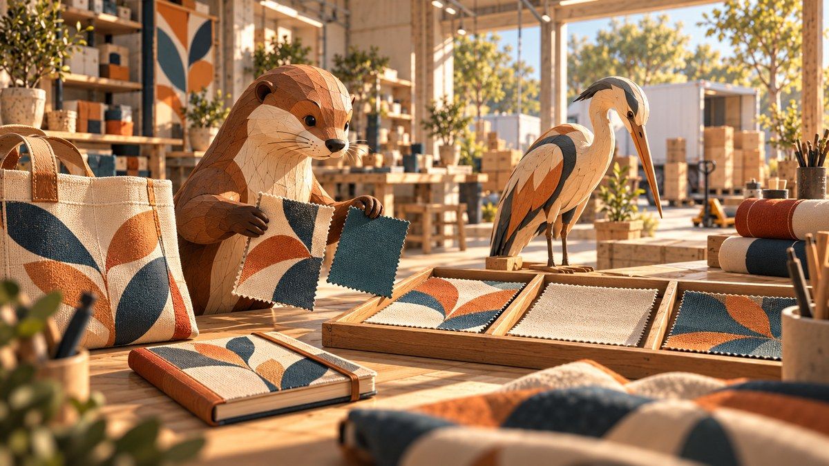 Carved wooden otter and heron inspecting fabric samples beside a patterned tote and notebook in a sunlit sample workshop