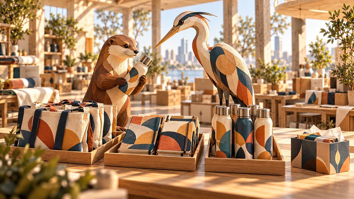 Carved wooden otter and heron inspect patterned merchandise before allocation to future events.