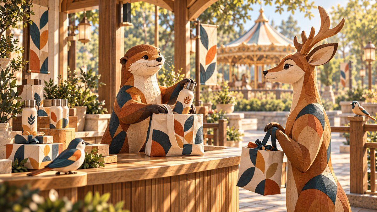 Carved wooden otter and deer exchange patterned gift totes at a sunlit attraction pavilion.