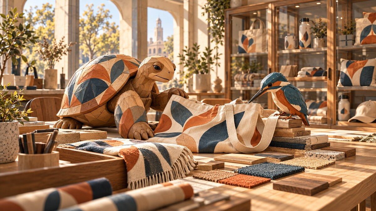 Carved wooden tortoise and kingfisher compare patterned merchandise samples in a campus-inspired library.